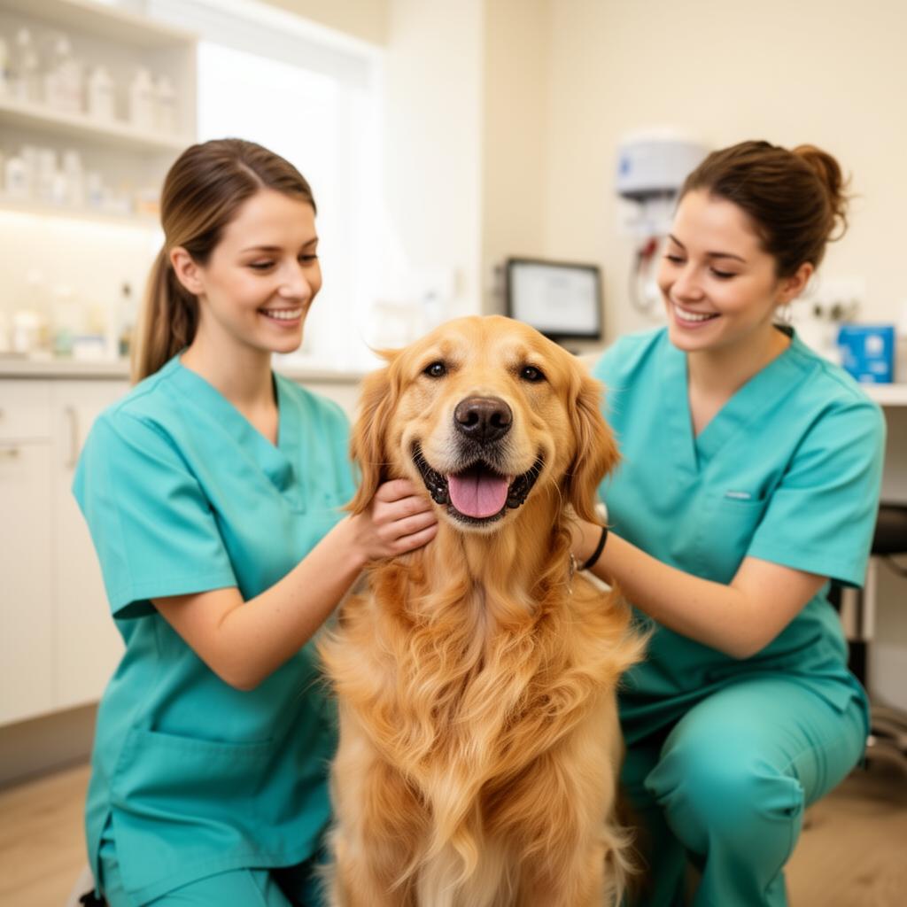 Veterinárias cuidando de um cão golden retriever em clínica acolhedora